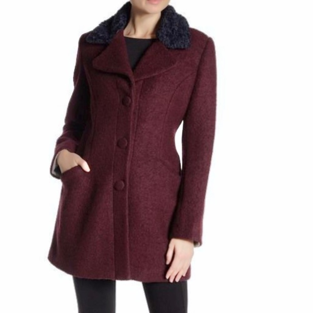 Laundry By Shelli Segal - Fit & Flare Faux Shearling Trimmed Wool Blend Coat